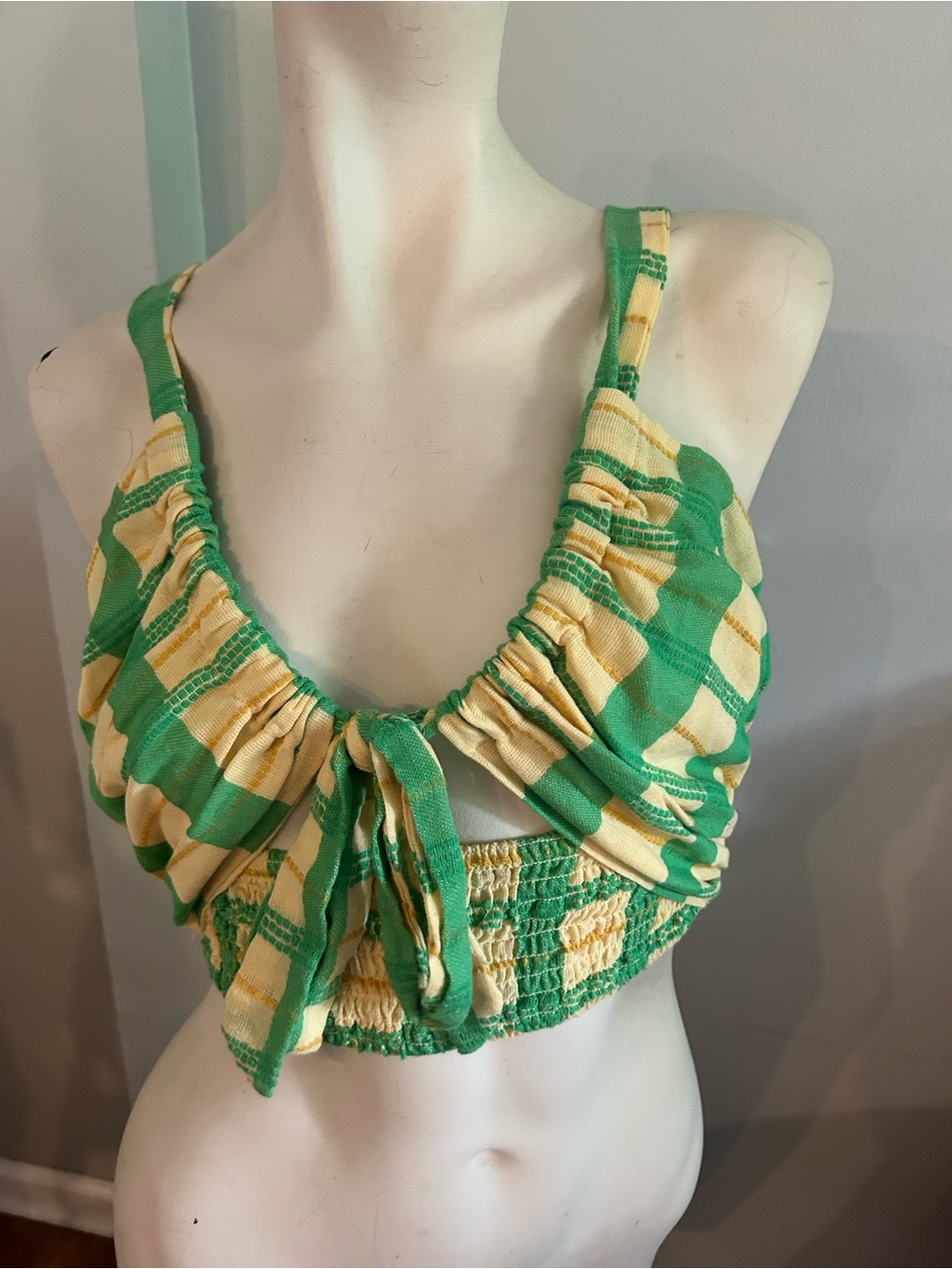Free people Green and Yellow Plaid Tie-Front Cropped Tank